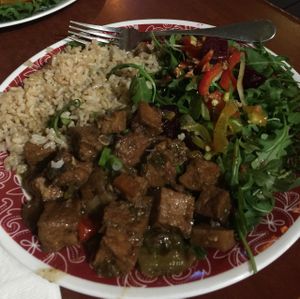 chili verde tofu w beet/arugula salad a rice  at Good Karma Artisan Ales & Cafe in San Jose