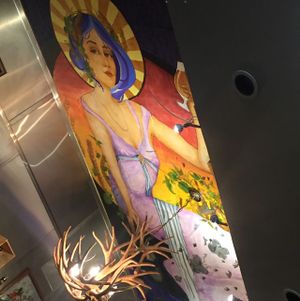 cool ceiling art  at Good Karma Artisan Ales & Cafe in San Jose