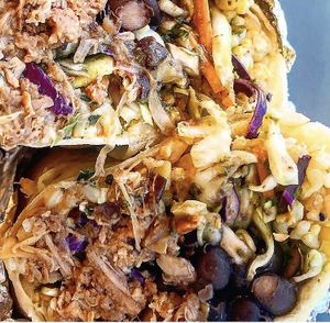 Pulled “pork” burrito at Good Karma Artisan Ales & Cafe in San Jose