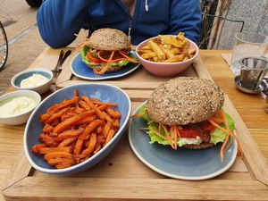 Delicious vegan chicken burgers with fries at Lust in Groningen