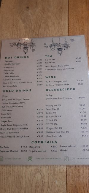 Menu at Lust in Groningen