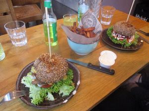 Bitterballen burger + Indo sensation burger + sweet potato fries at Lust in Groningen