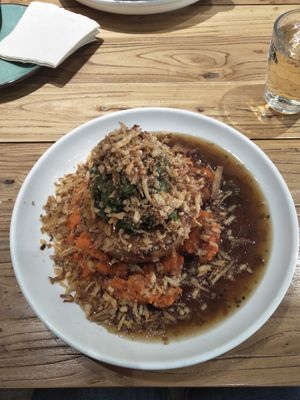 Full monty pie meal (minus cheese) vegan cheese & onion pie, sweet potato mash, onion gravy, minted mushy peas and crispy onions. at Pie Society - Jing'an District - Maybe closed in Shanghai