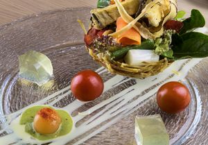 Different textures warm vegetable salad
(artichoke, cauliflower, broccoli, parsnips, green beans,
cherry tomatoes, eggplant, arugula, snow peas) at BLoved Veggie Corner in Madrid