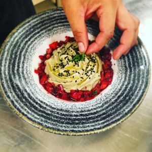 Mousse de berenjena al carbón con brunoise de frambuesa at BLoved Veggie Corner in Madrid