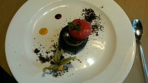 Extasis dessert - warm chocolate cake with raspberry sorbwt at BLoved Veggie Corner in Madrid