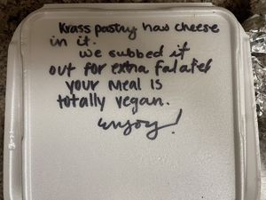 Friendly note left because I asked for no dairy   at Jerusalem Cafe in Mobile