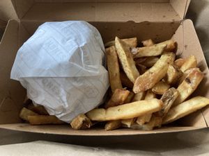Vegan burger & rosemary chips  at Honest Burgers in Cambridge
