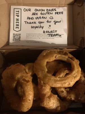 Gf onion rings (for free - very kind!!)  at Honest Burgers in Cambridge