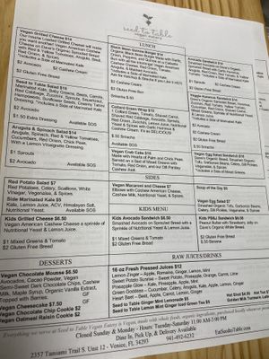Menu at Seed to Table Vegan Eatery in Venice