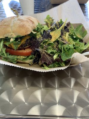 Black bean burger with cashew cream sauce  at Seed to Table Vegan Eatery in Venice