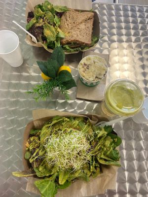 Highly recommend! The most fresh, flavorful lunch! Vegan crab cake, egg salad sandwich, potato salad, zinger juice all pictured here and delicious!  at Seed to Table Vegan Eatery in Venice