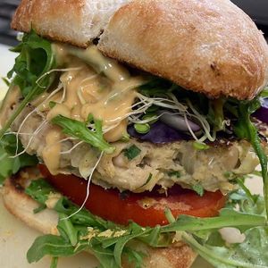 Vegan White Bean Artichoke Burger at Seed to Table Vegan Eatery in Venice
