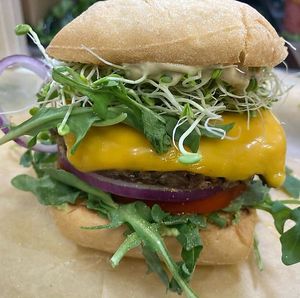 Vegan Black Bean Burger at Seed to Table Vegan Eatery in Venice