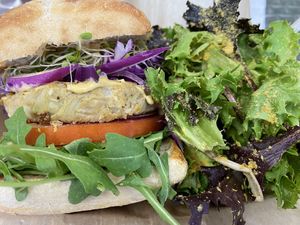 Special-cannellini bean and artichoke heart burger ￼  at Seed to Table Vegan Eatery in Venice
