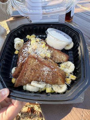 Vegan coconut multigrain French toast  at Toast Coffeehouse in Port Jefferson