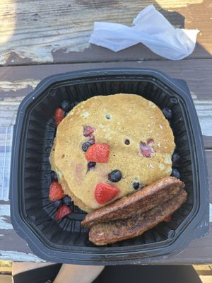 Vegan very berry pancakes with fruit compote on the side  at Toast Coffeehouse in Port Jefferson