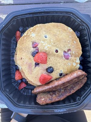 Vegan very berry pancakes with fruit compote on the side  at Toast Coffeehouse in Port Jefferson