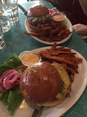 SoCal veggie burger (nearest to camera) and one of the meaty options in the back :) at Cyclops in Seattle