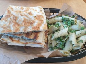 Spinach+Fetta gozleme with a side of mint pea pistachio pasta salad (refreshing and delicious!) $14.00 at Kevabs in Brunswick