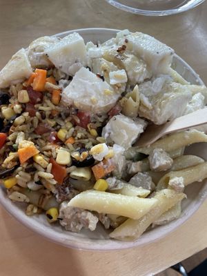 chick’n pasta salad, potato salad, and another one idk the name  at Kevabs in Brunswick