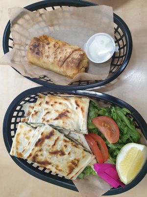 Gozleme w/side salad $15.00, Potato borek (both delicious!) at Kevabs in Brunswick