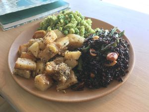 Daily salads, they were so good! Dukkah potatoes, black rice with green beans, and pistacchio & pea pasta salad. at Kevabs in Brunswick