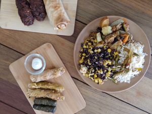Clockwise from top left:
1. Cauli Fritters + Potato Borek
2. Salads
3. Dolmas + Cabbage Rolls at Kevabs in Brunswick
