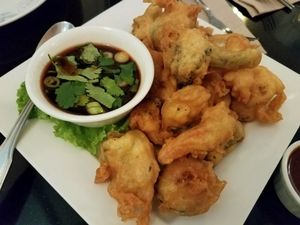 tempura with spicy sauce  at Vegetarian House in San Jose