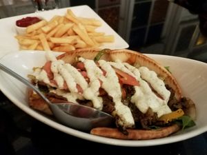 the gyros with a side of fries, game changer! at Vegetarian House in San Jose