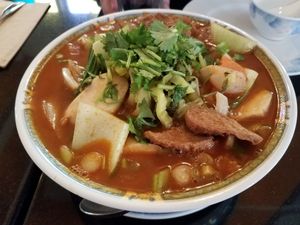 Huge formosa soup for two. Delicious at Vegetarian House in San Jose