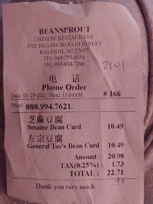 $22.71 for two dishes at Beansprout Chinese Restaurant in Raleigh