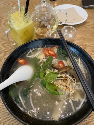 Vegetarian chicken mushroom pho soup with fizzy passion fruit drink and rose tea with wolfberry  at Green Ba - Somerset in Central Singapore