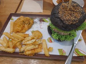 Hericum burger with fries and pumpkin wedges at Green Ba - Somerset in Central Singapore