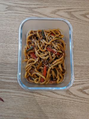 Black pepper udon noodles takeaway at Green Ba - Somerset in Central Singapore