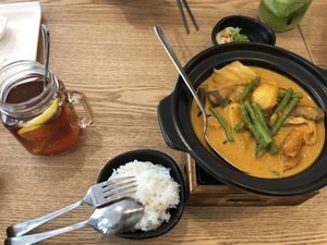 Curry with rice lunch set include lemon tea, dumplings and fruits  at Green Ba - Somerset in Central Singapore