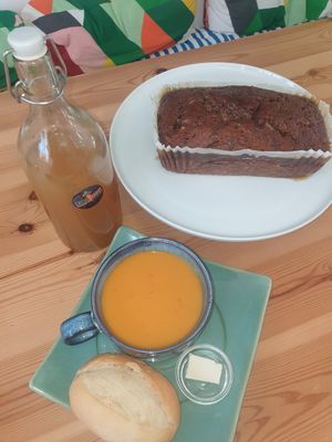 Ginger , ginger ...homemade ginger cordial , homemade sticky ginger cake and sweet potato, coconut , lime and ginger soup. at Catchacarrot Vegan in Ardfern