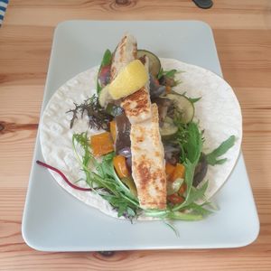 Gluten free unwrapped wrap with roasted veg and vegan halloumi. at Catchacarrot Vegan in Ardfern