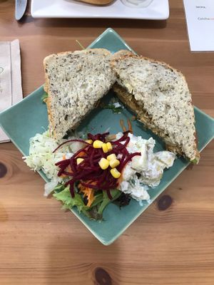 Sandwich and three salads at Catchacarrot Vegan in Ardfern
