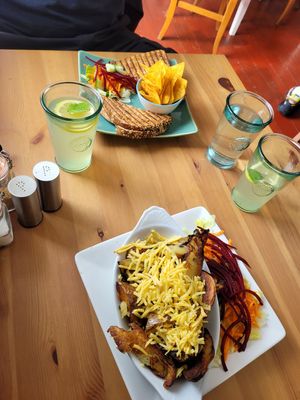 "Cheese and "Ham" toastie & double cooked potato wedges at Catchacarrot Vegan in Ardfern