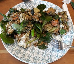 Pumpkin, cauliflower, potato, spinach salad with basil and pumpkin seeds at Claudes Kitchen in Christchurch