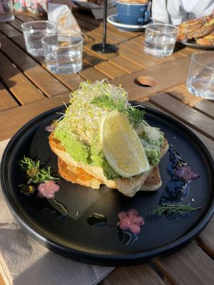 Smashed peas on honour bread, locally made! Delicious and light to eat  at Boneless Vegetarian Cafe in Bermagui
