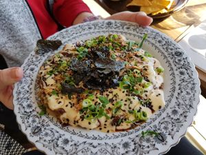 The delicious vegan okonomiyaki (Japanese pancake) at Boneless Vegetarian Cafe in Bermagui