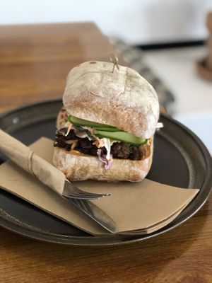 BBQ Jack Fruit burger at Boneless Vegetarian Cafe in Bermagui