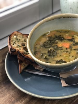 Lentil soup and garlic bread  at Boneless Vegetarian Cafe in Bermagui