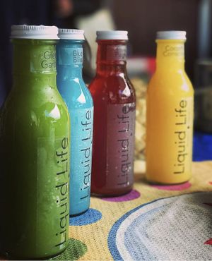 A variety of cold-pressed juices come in a rainbow of colors.  at Liquid Life in Kamulea