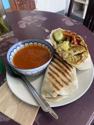 Falafel wrap and red pepper soup   at The Pavilion Cafe in Edinburgh