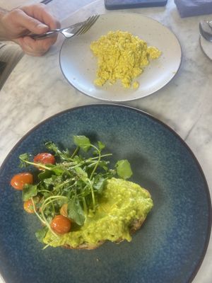 Avo toast with scrambled tofu. Bread super soggy due to watery tofu unfortunately. Had to ask them to give us another plate to avoid the bread getting even soggier   at The Loft - Uluwatu in Pecatu