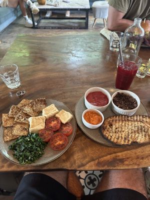 grilled tempeh, fried tofu, kale, roasted tomatoes, sambal, beetroot hummus, quinoa and sourdough!!  at The Loft - Uluwatu in Pecatu