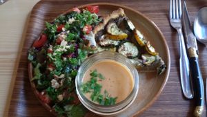 Menu of the day (size M): gaspacho, zucchini pie (with eggplant dip) and salad. Everything vegan.  at Gaïa Coffee House in Lyon